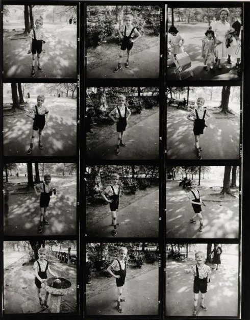 The contact sheet of the iconic photo, “Child with A Toy Hand Grenade,” taken by Diane Arbus. Central Park, NY. 1962.